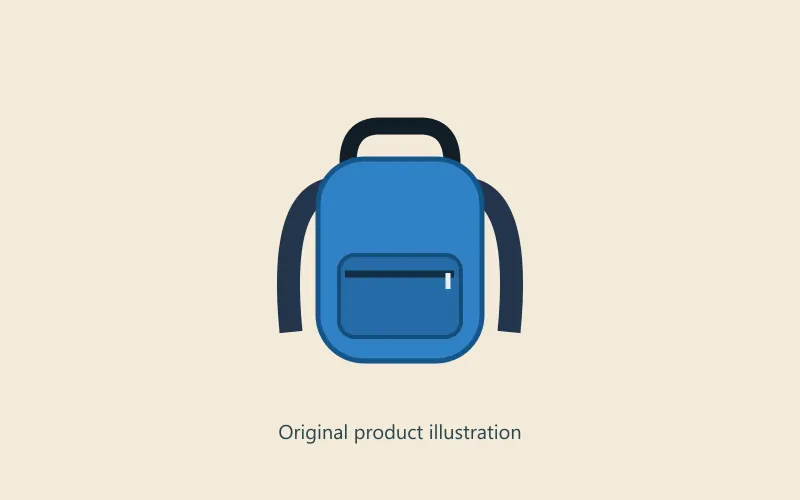 Blue backpack illustration with a black top handle, front pocket and two shoulder straps.