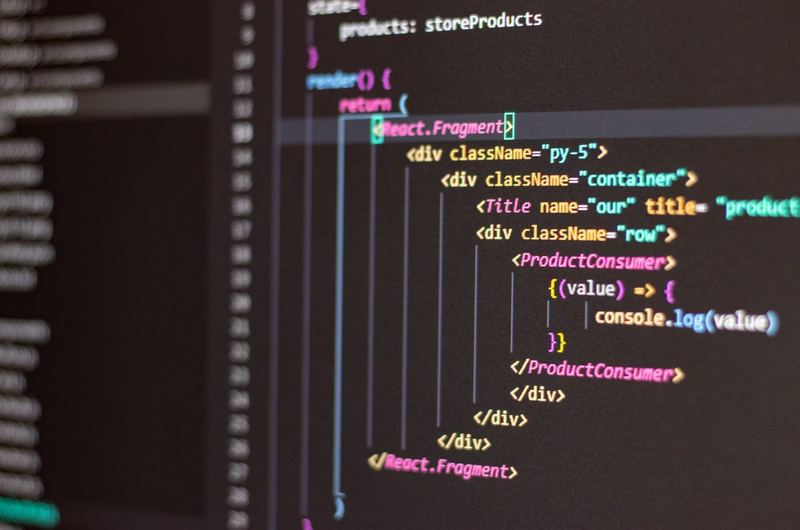 JavaScript code on a dark screen, the type of client-side rendering that needs special SEO handling