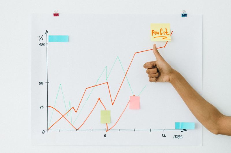 A thumbs up next to a profit chart on a whiteboard, representing the business growth SEO delivers