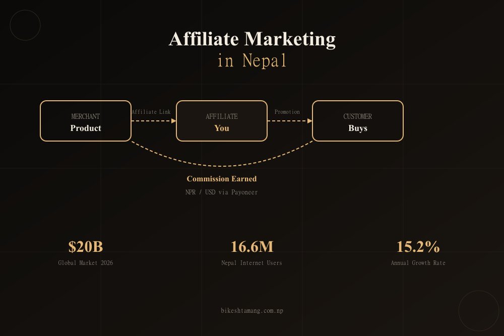 Affiliate marketing flow diagram showing merchant, affiliate and customer with commission arrows, with Nepal market statistics