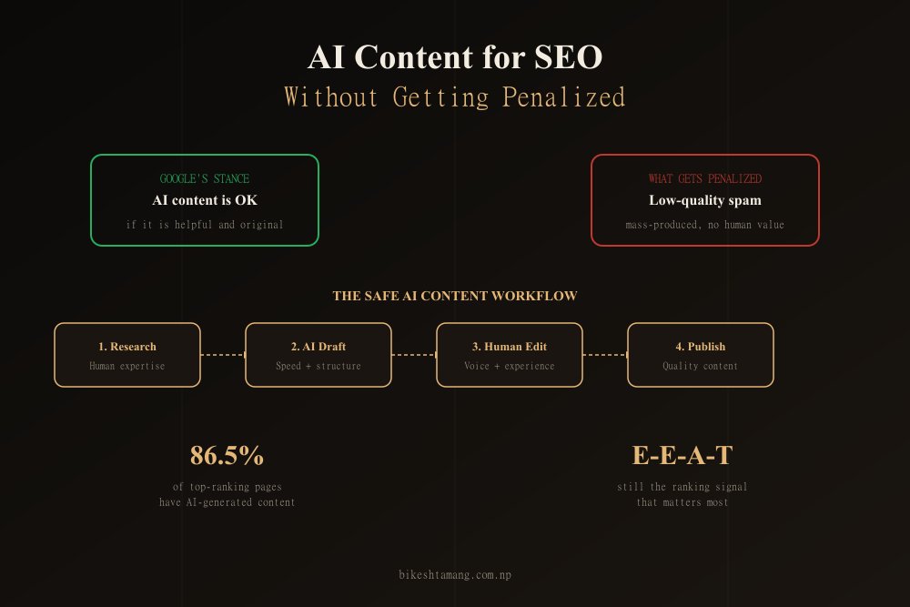 AI content creation workflow showing the difference between safe AI-assisted content and risky fully automated content