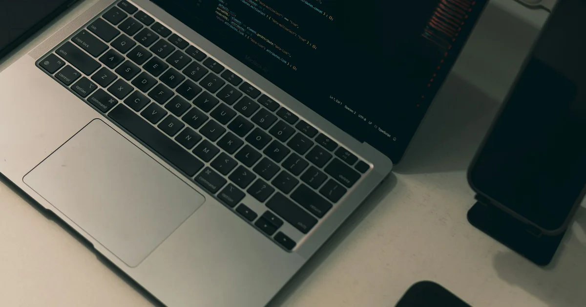 Laptop with programming code and desk equipment, illustrating automated website checks