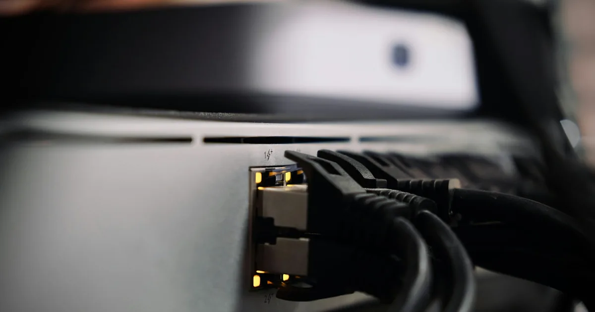 Ethernet cables connected to a network switch, illustrating the request path used when diagnosing crawler access.