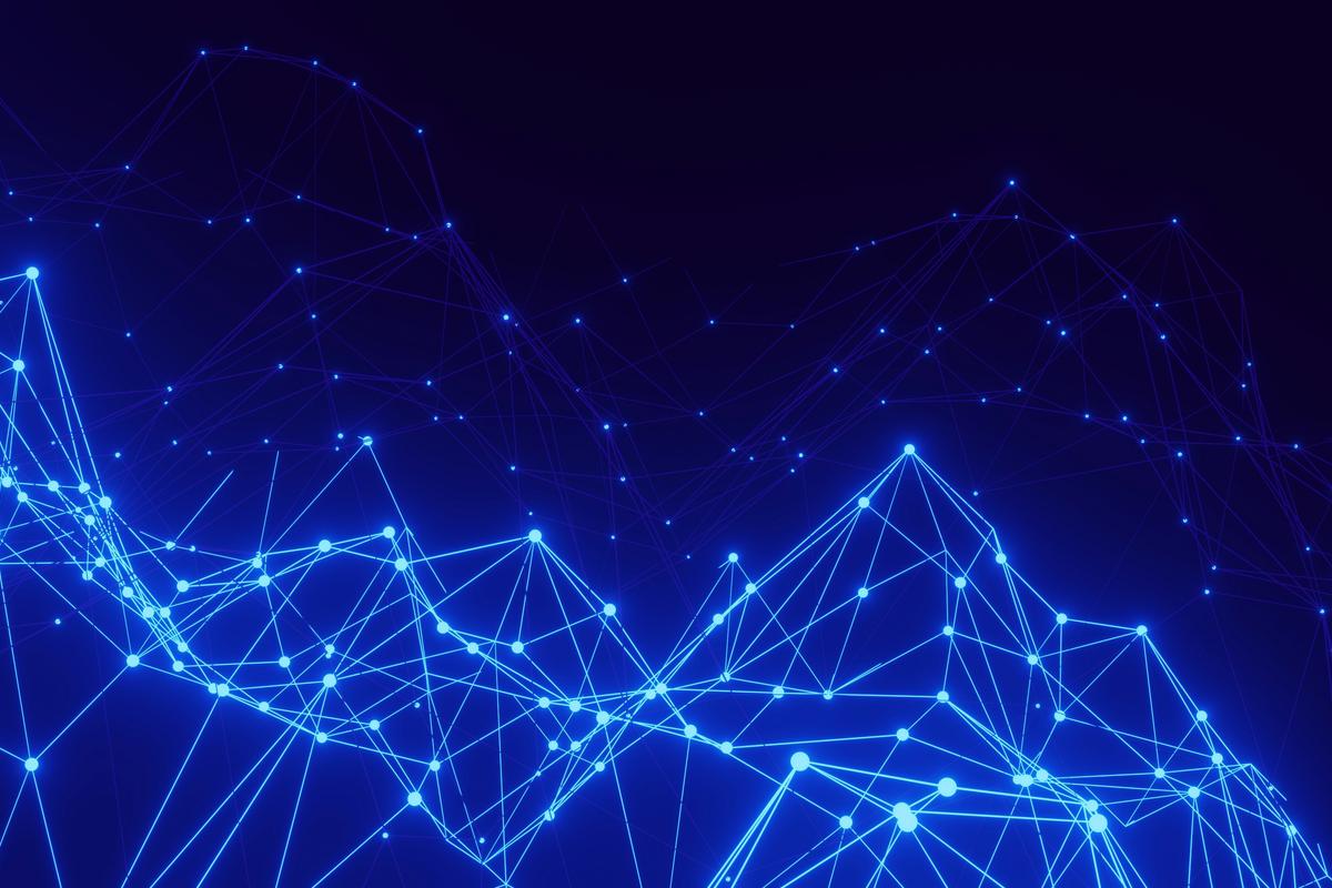 Abstract network of connected blue dots and lines representing entity relationships in Google's Knowledge Graph