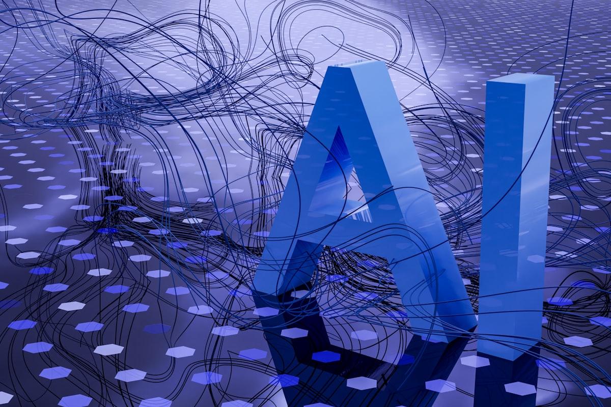 3D letters spelling AI surrounded by neural network wires on a blue surface, representing artificial intelligence and language models