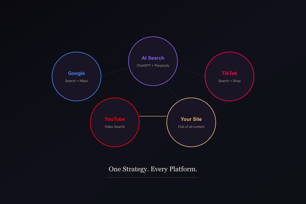 Five connected circles representing Google, AI Search, TikTok, YouTube and Your Site forming a multi-platform search ecosystem