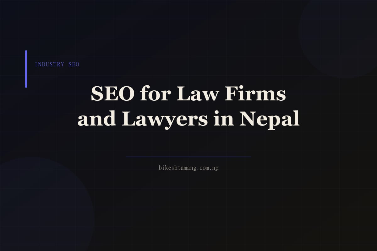 A law office desk with legal documents, a laptop showing Google search results and a Nepali cityscape visible through the window