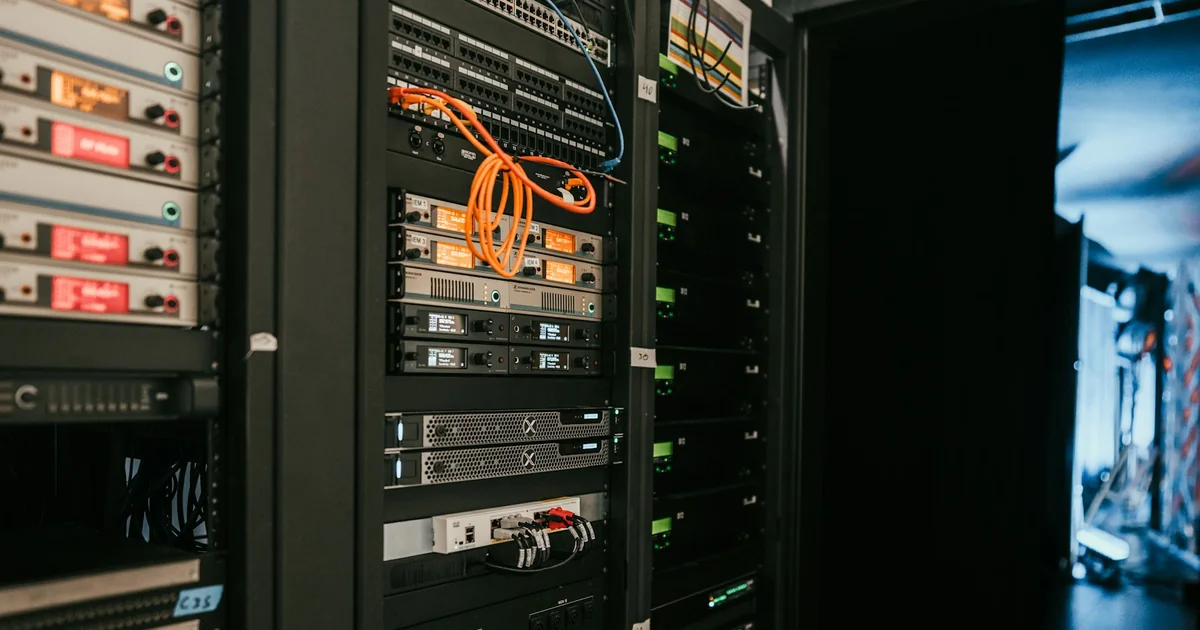 Server equipment in a rack, illustrating origin infrastructure