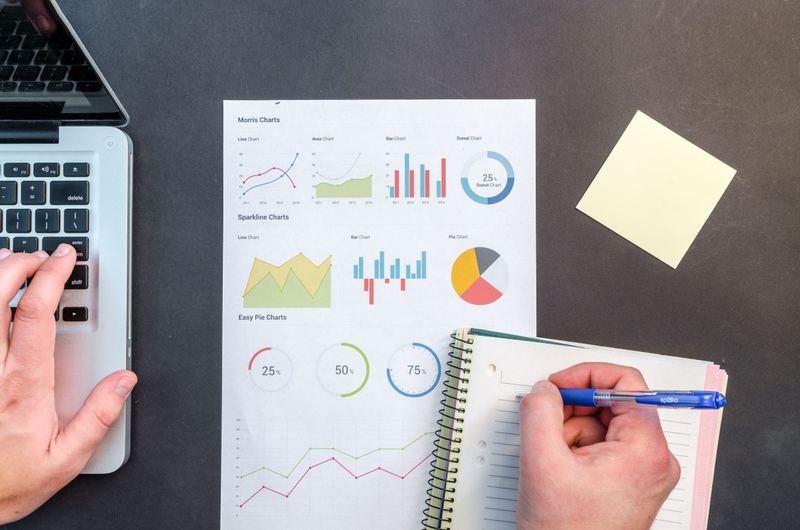 A business report with growth charts and performance data on a desk